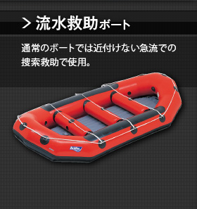 ラフティングボート　通常のボートでは近付けない急流での捜索救助で使用。